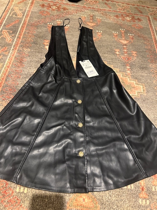 Zara Dresses & Skirts - Zara Black Faux Leather Mini Pinafore Dress with Gold Buttons